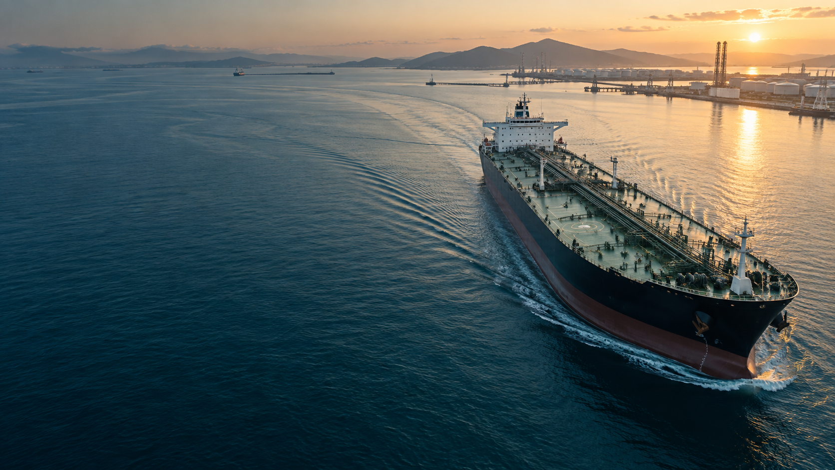 Oil tanker at sea near an industrial port at sunrise